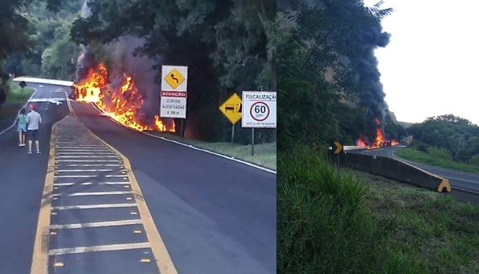 Nova Laranjeiras - Caminhão pega fogo após tombar na BR 277 próximo ao Rio Guarani